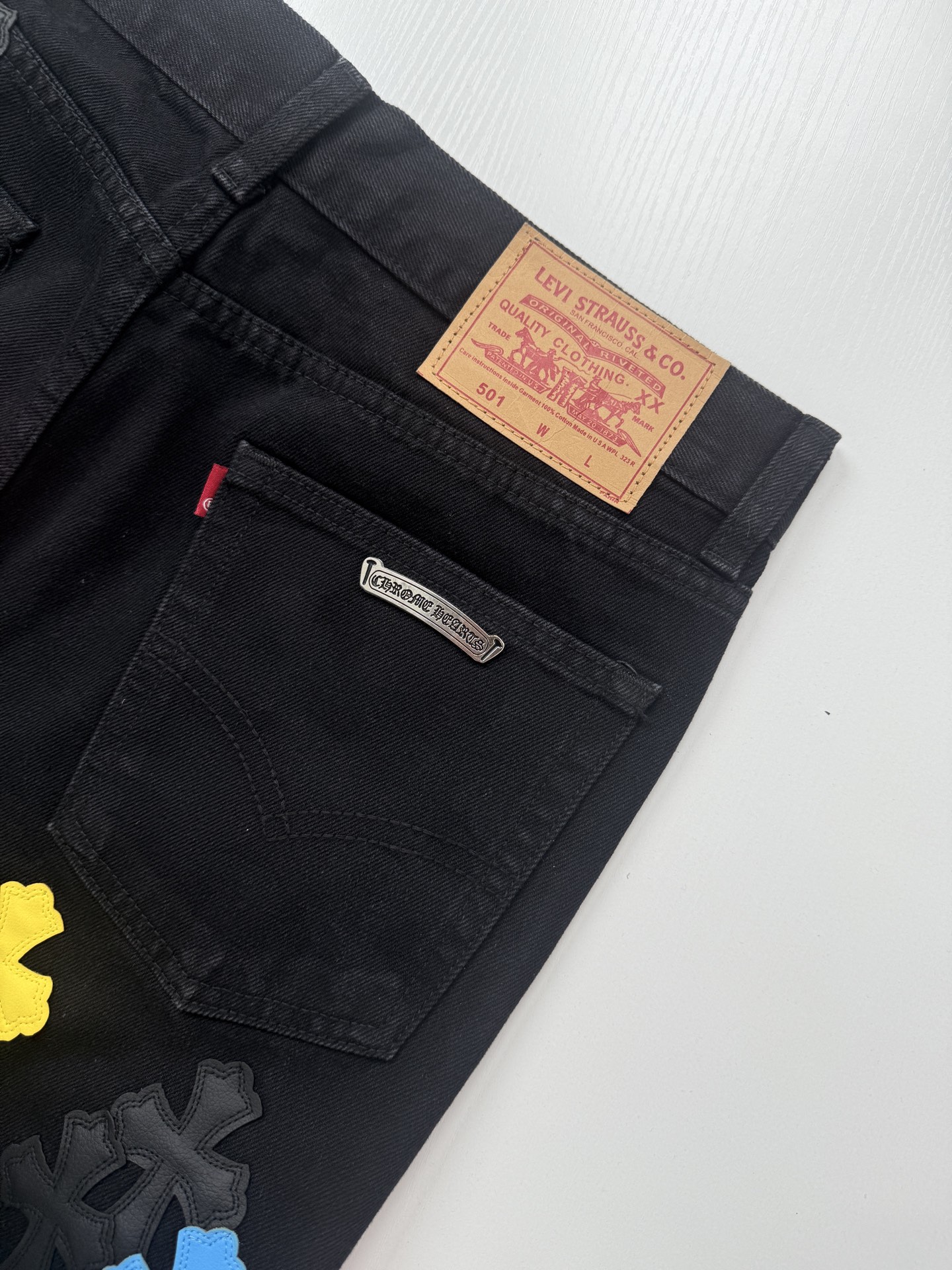 Chrome Hearts Color-Blocked Leather-Trimmed Cross-Design Jeans - Image 6