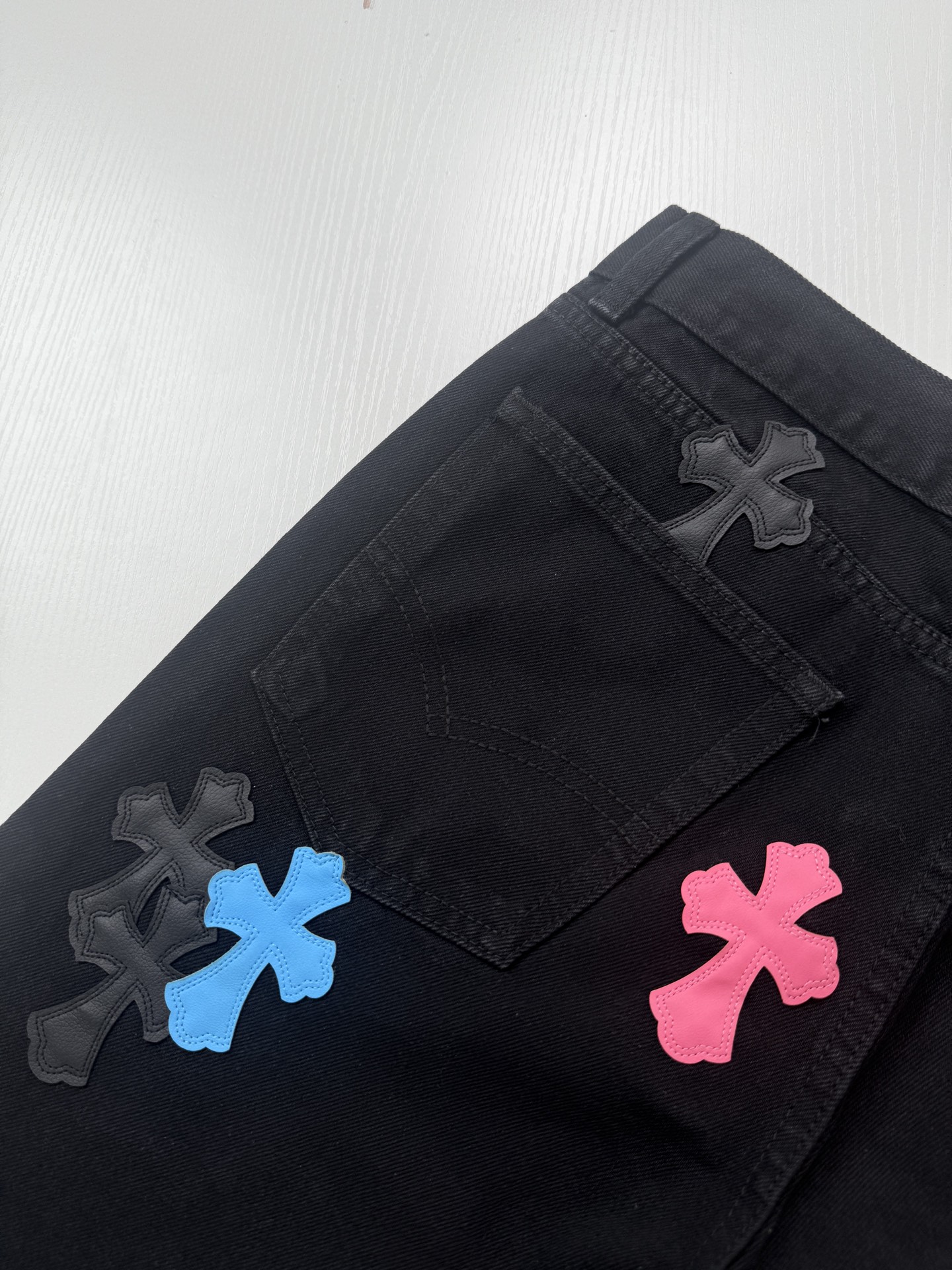 Chrome Hearts Color-Blocked Leather-Trimmed Cross-Design Jeans - Image 13