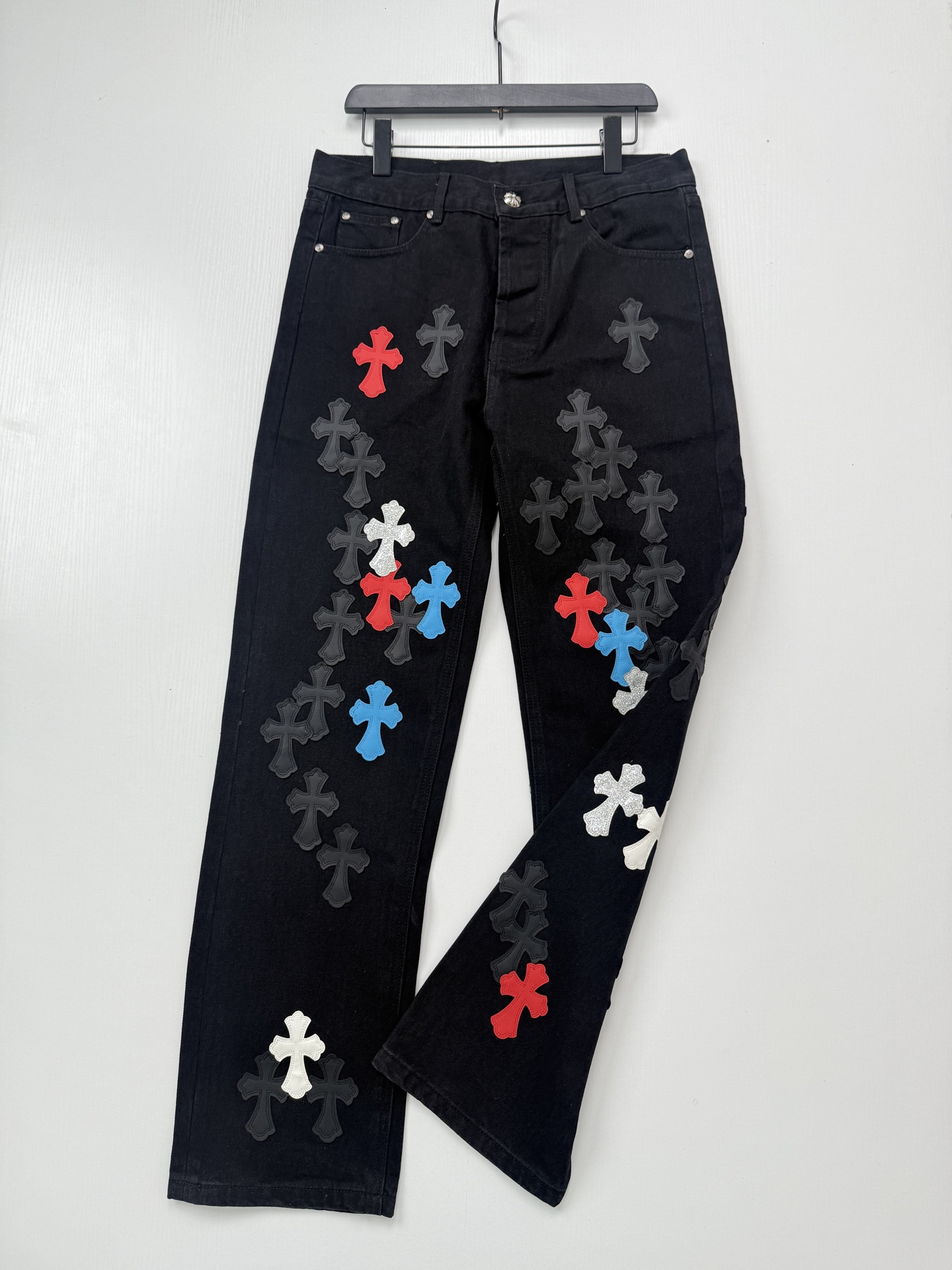 Chrome Hearts Multicolored Patchwork Leather Cross-Design Jeans - Image 3