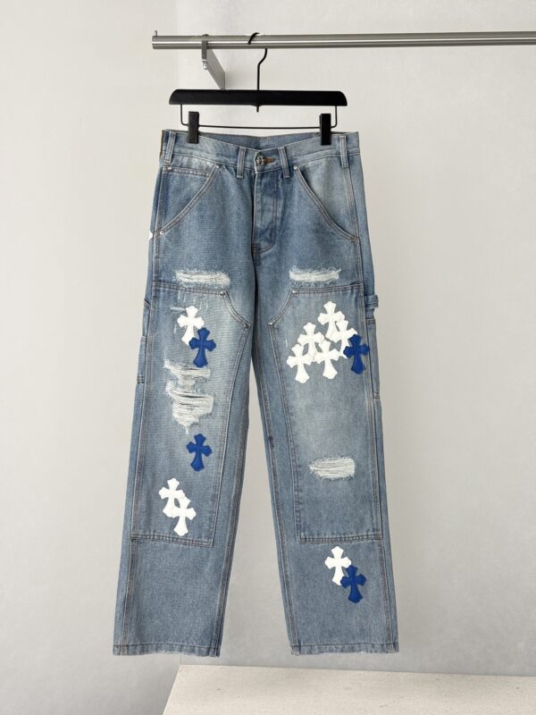 Chrome Hearts Blue and White Cross-Patched Workwear Distressed Jeans