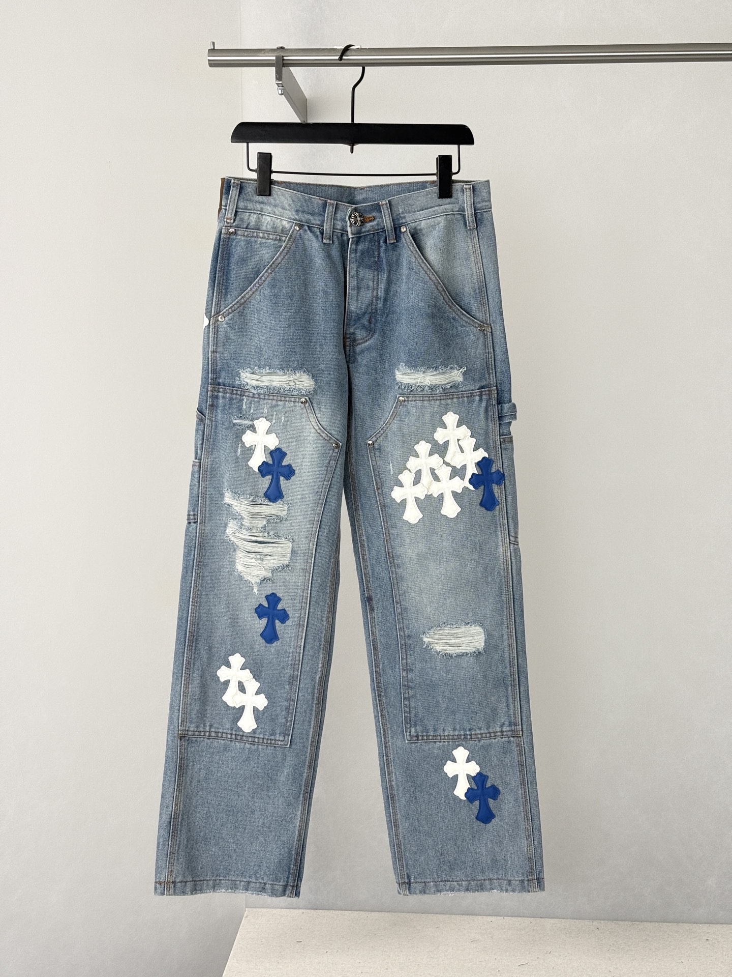 Chrome Hearts Blue and White Cross-Patched Workwear Distressed Jeans
