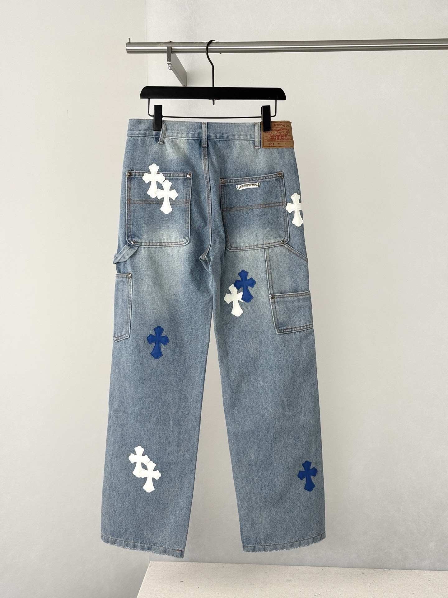 Chrome Hearts Blue and White Cross-Patched Workwear Distressed Jeans - Image 2