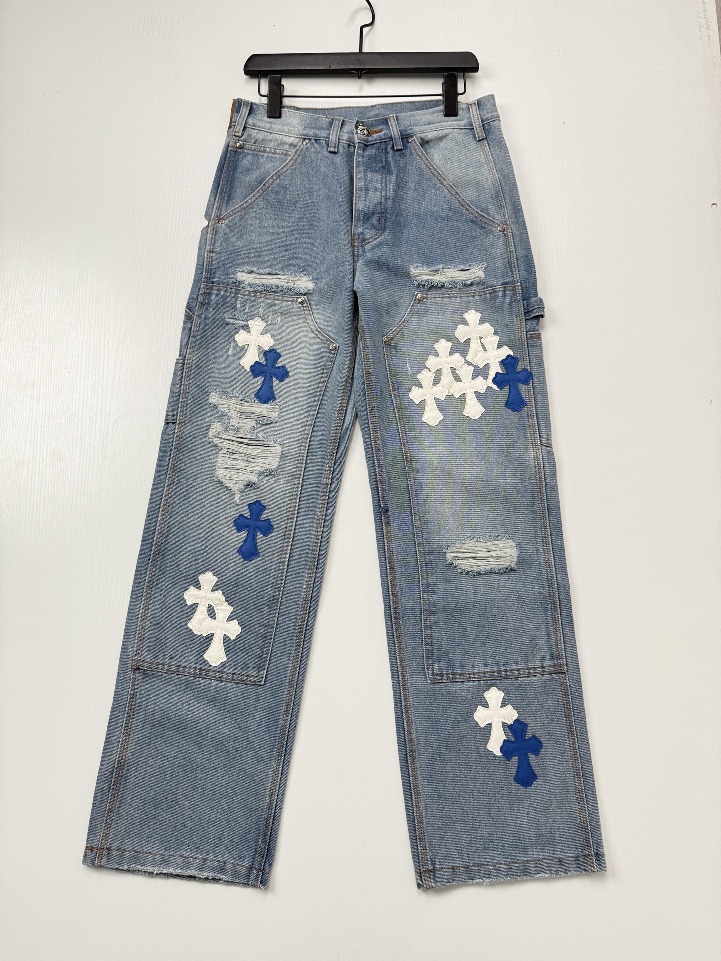 Chrome Hearts Blue and White Cross-Patched Workwear Distressed Jeans - Image 3