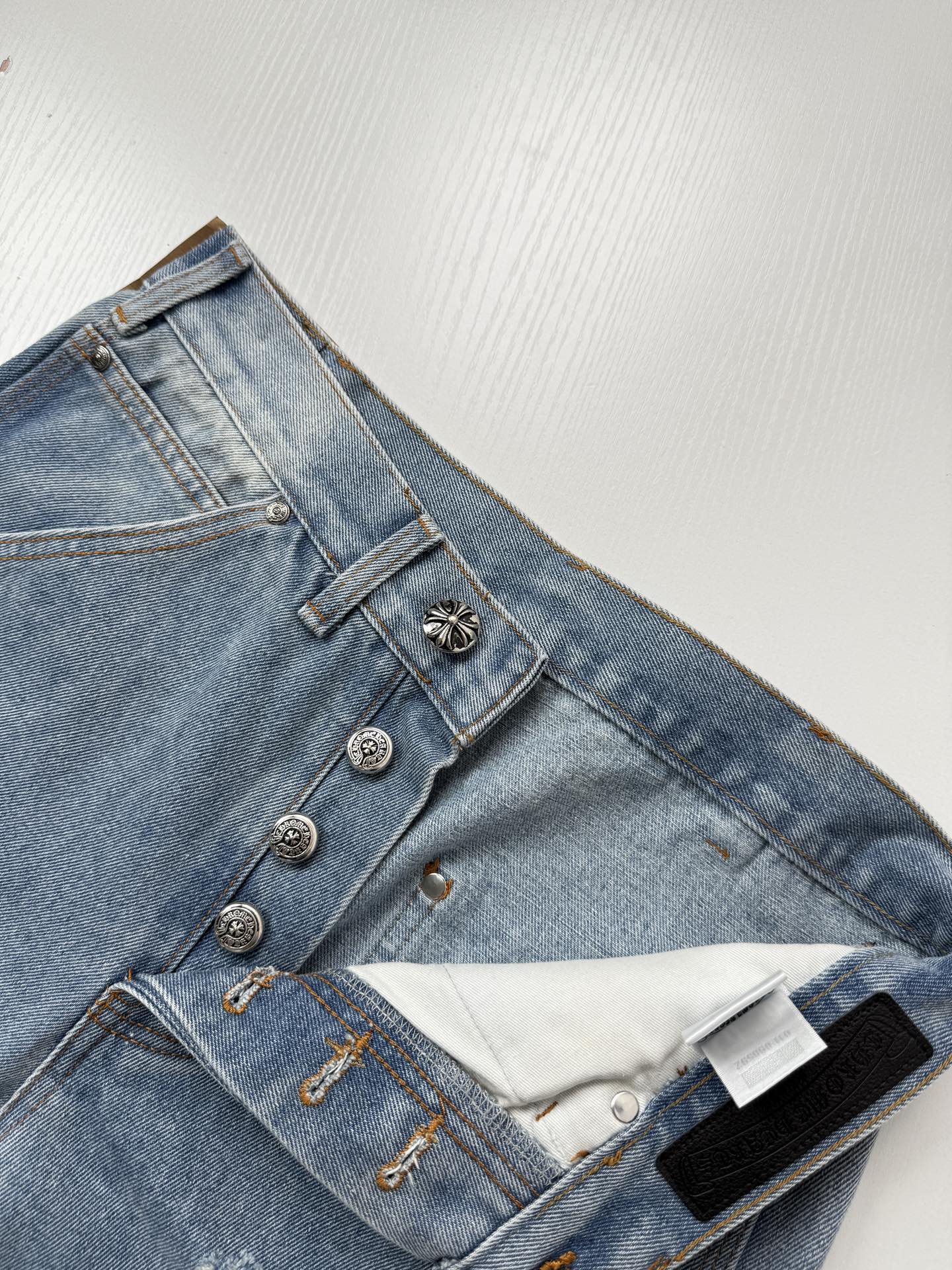 Chrome Hearts Blue and White Cross-Patched Workwear Distressed Jeans - Image 4