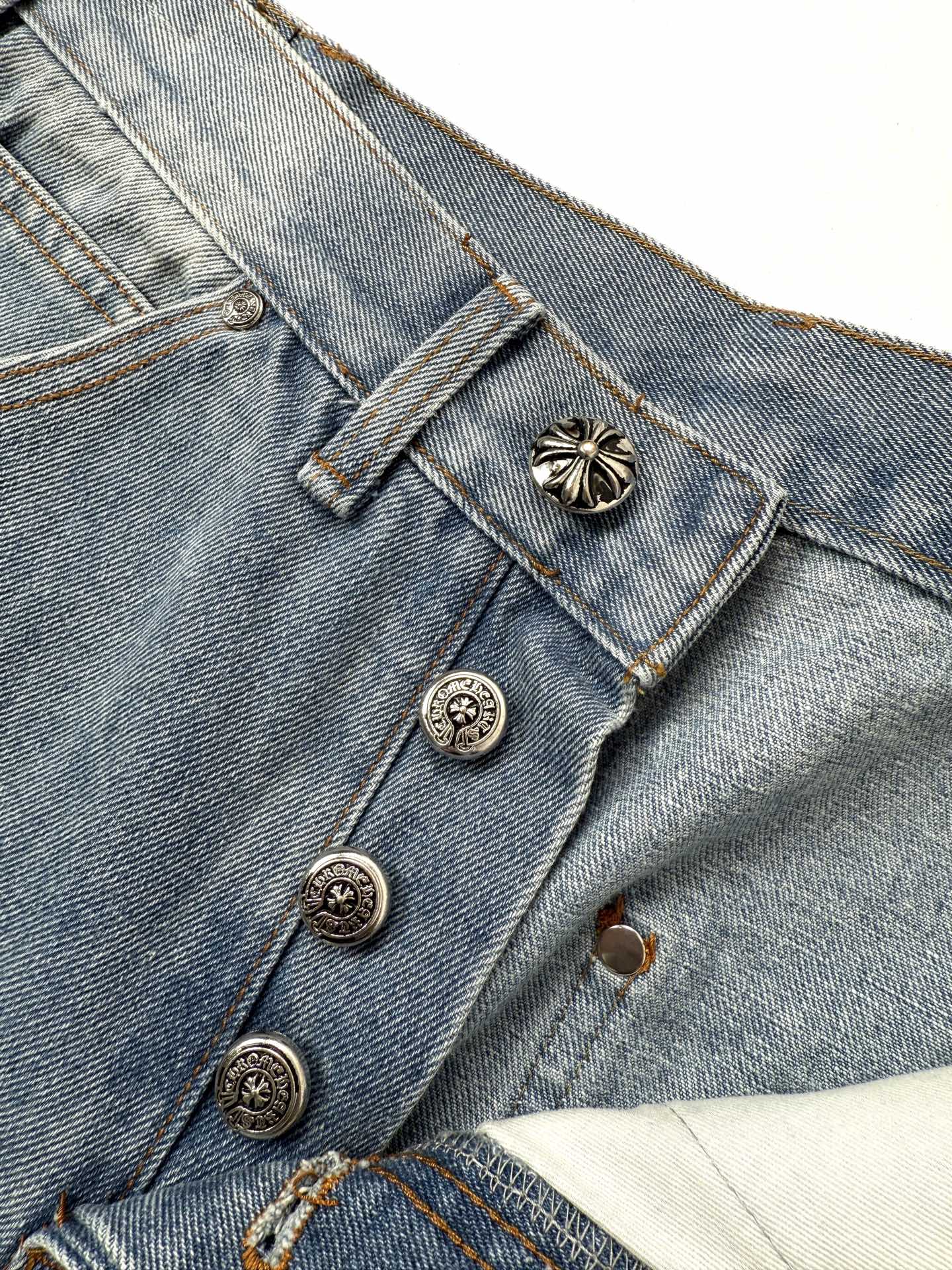Chrome Hearts Blue and White Cross-Patched Workwear Distressed Jeans - Image 5
