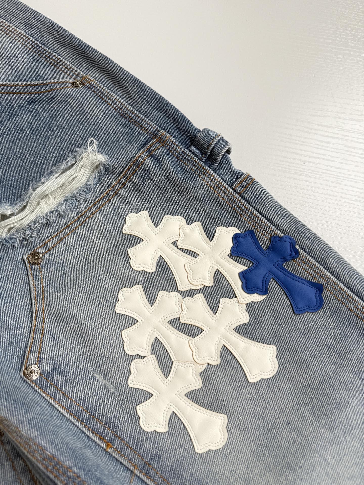 Chrome Hearts Blue and White Cross-Patched Workwear Distressed Jeans - Image 7