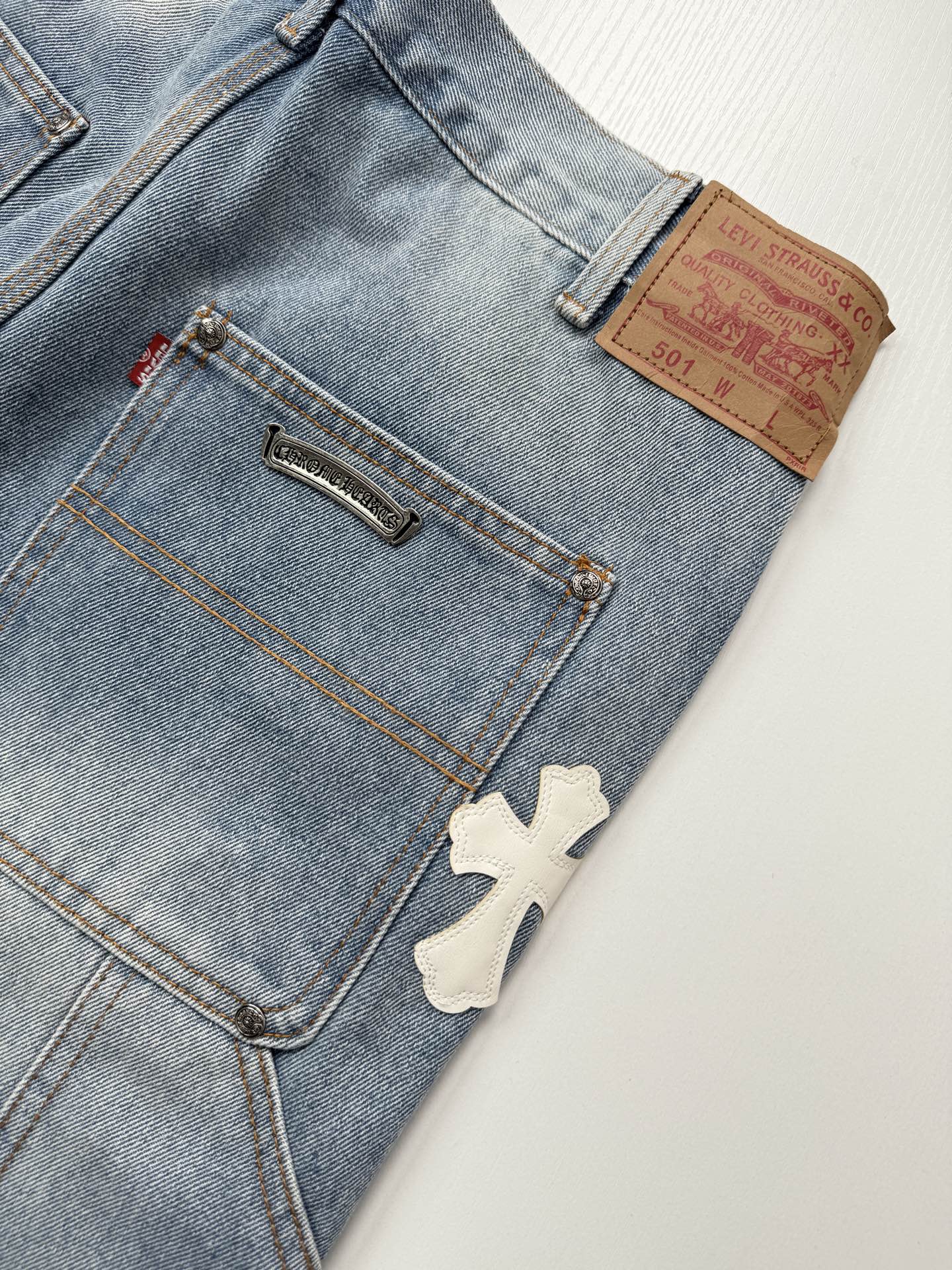 Chrome Hearts Blue and White Cross-Patched Workwear Distressed Jeans - Image 8
