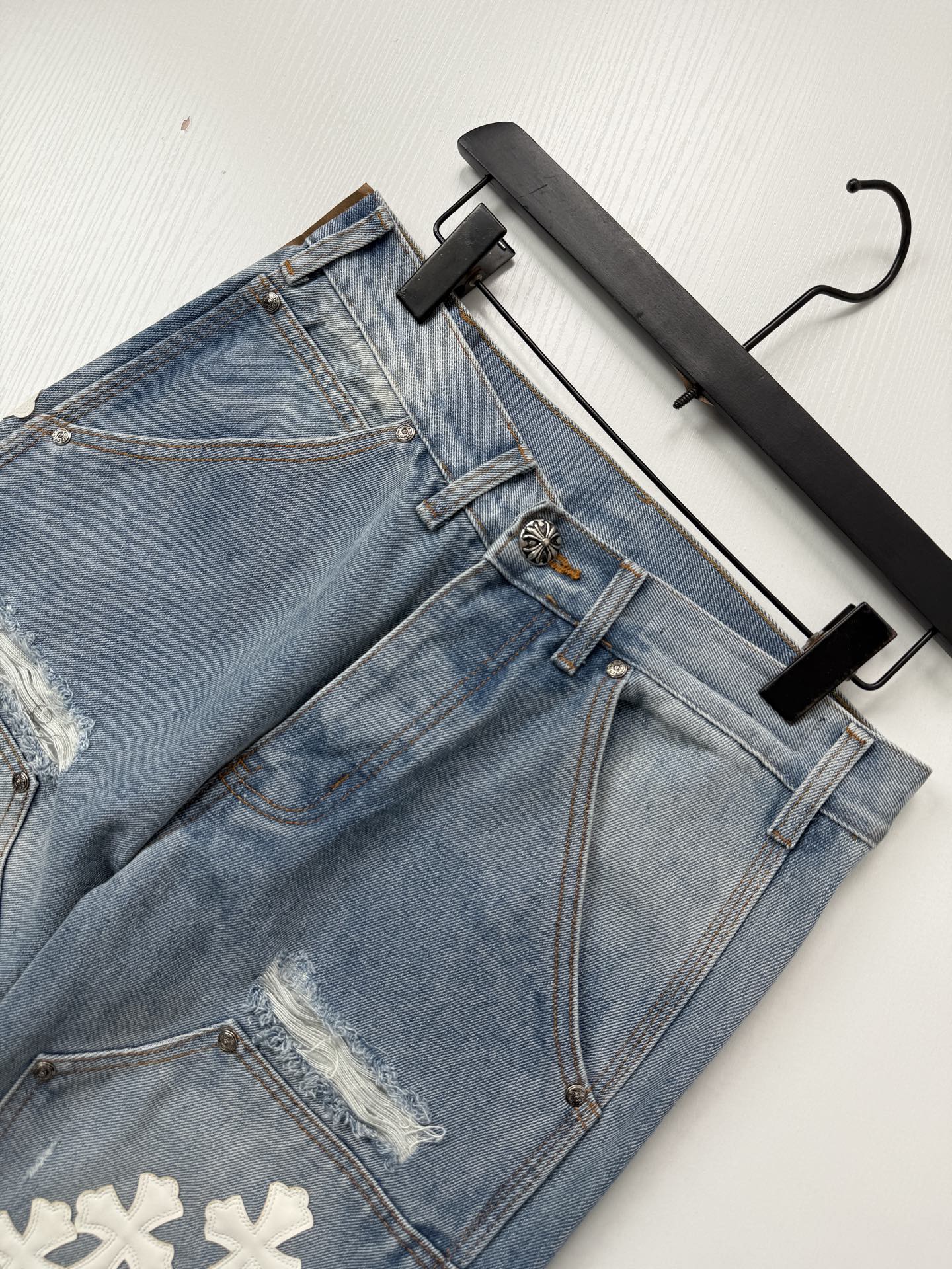 Chrome Hearts Blue and White Cross-Patched Workwear Distressed Jeans - Image 9