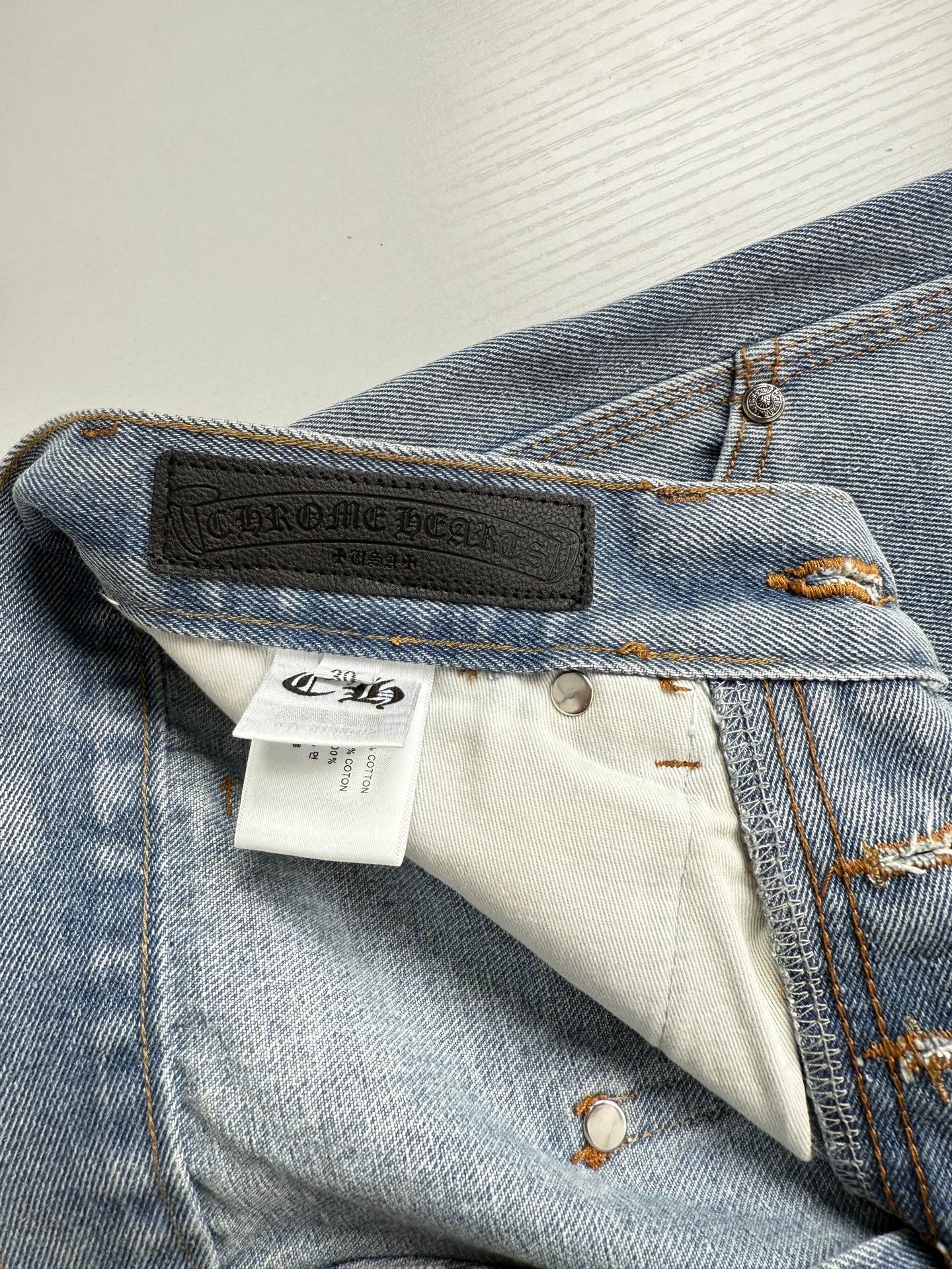 Chrome Hearts Blue and White Cross-Patched Workwear Distressed Jeans - Image 11