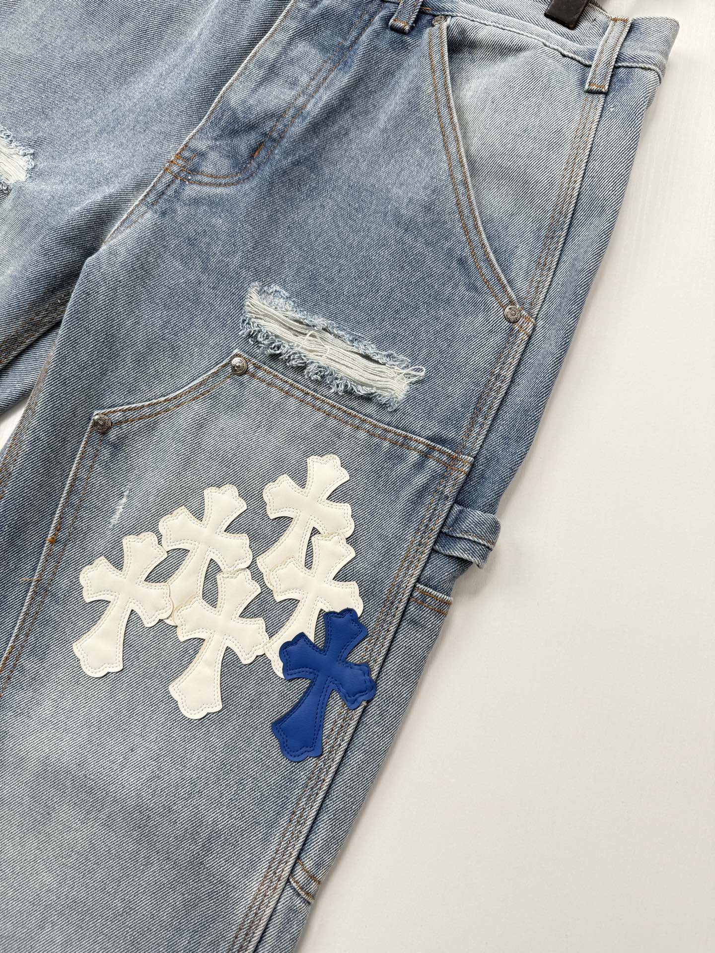 Chrome Hearts Blue and White Cross-Patched Workwear Distressed Jeans - Image 12