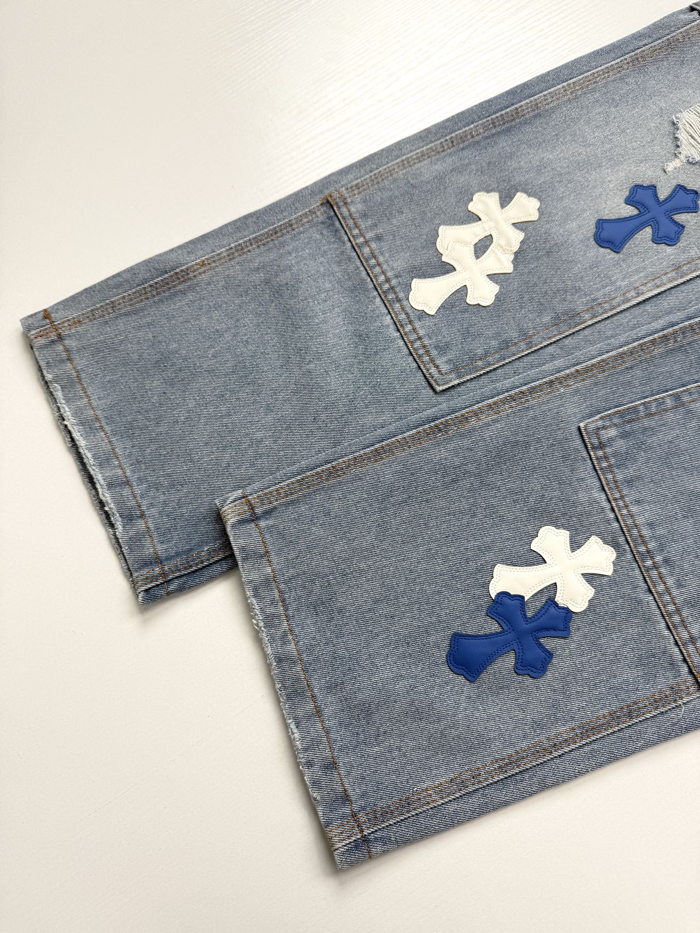 Chrome Hearts Blue and White Cross-Patched Workwear Distressed Jeans - Image 14