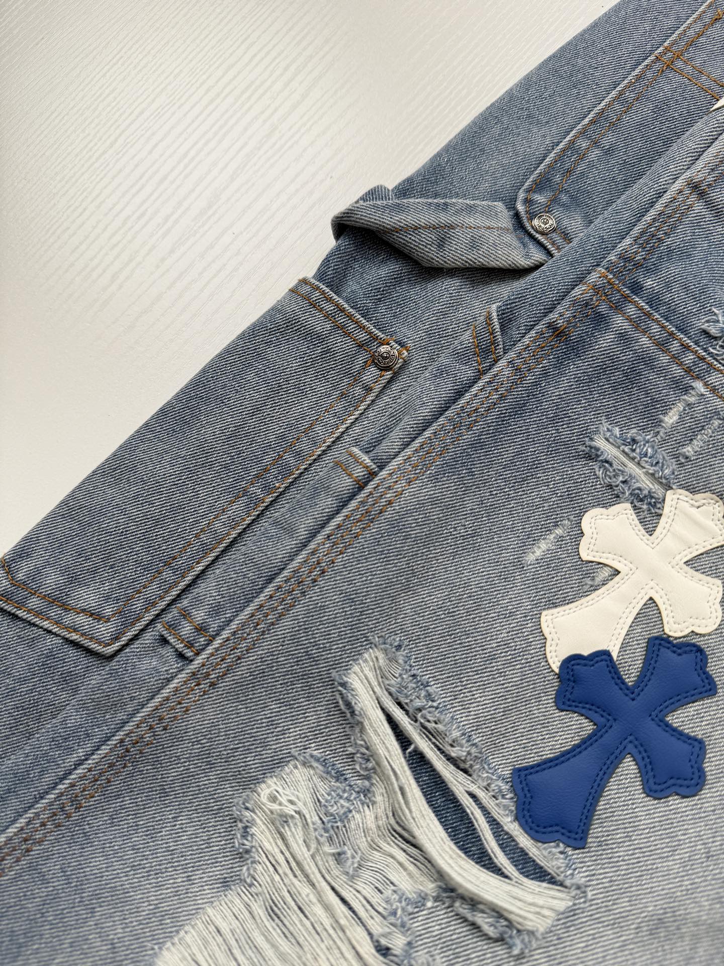 Chrome Hearts Blue and White Cross-Patched Workwear Distressed Jeans - Image 15